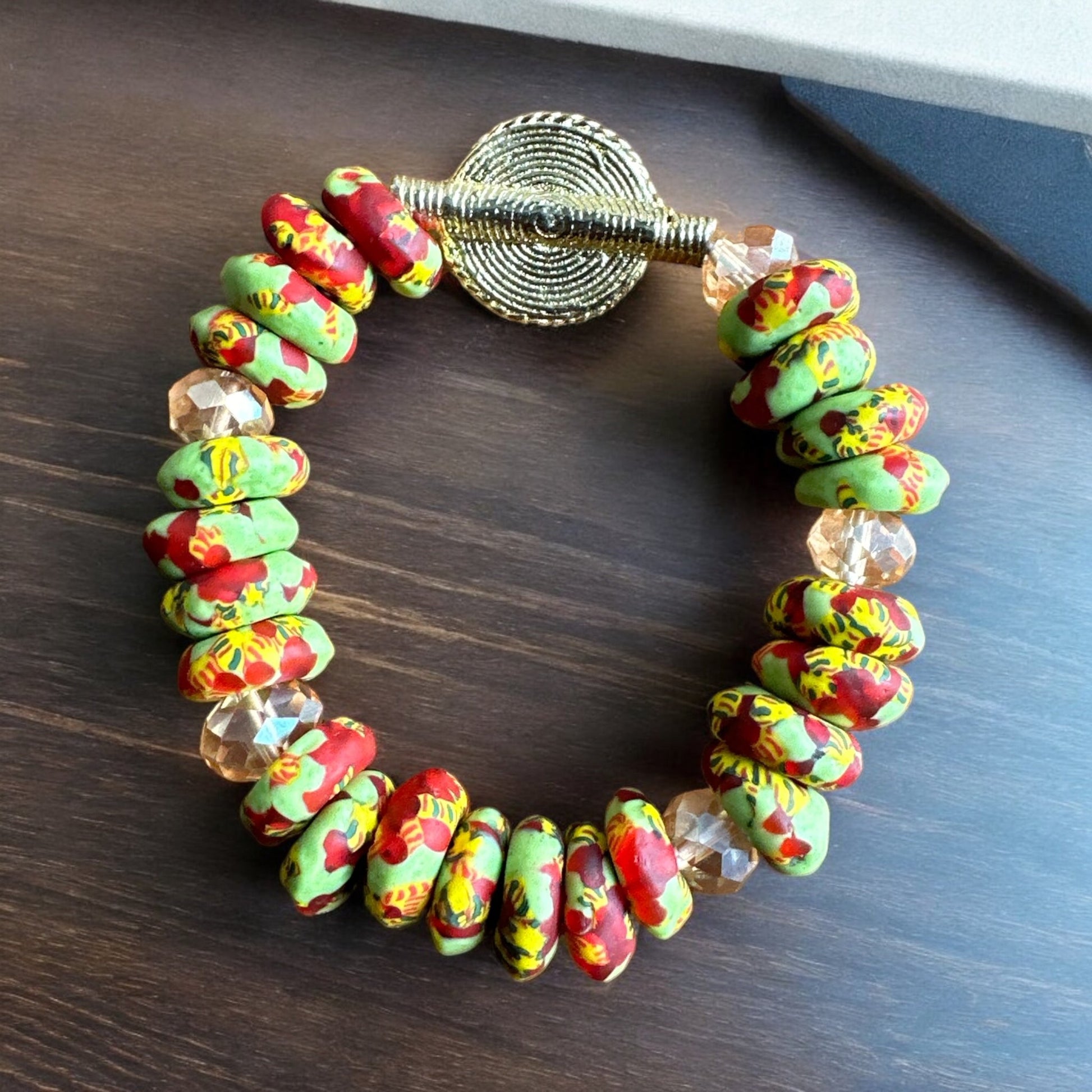 Authentic West Africa Green Multicolour Krobo Beads Brass Ethnic Bangle Bracelet - Fatisha Boutique