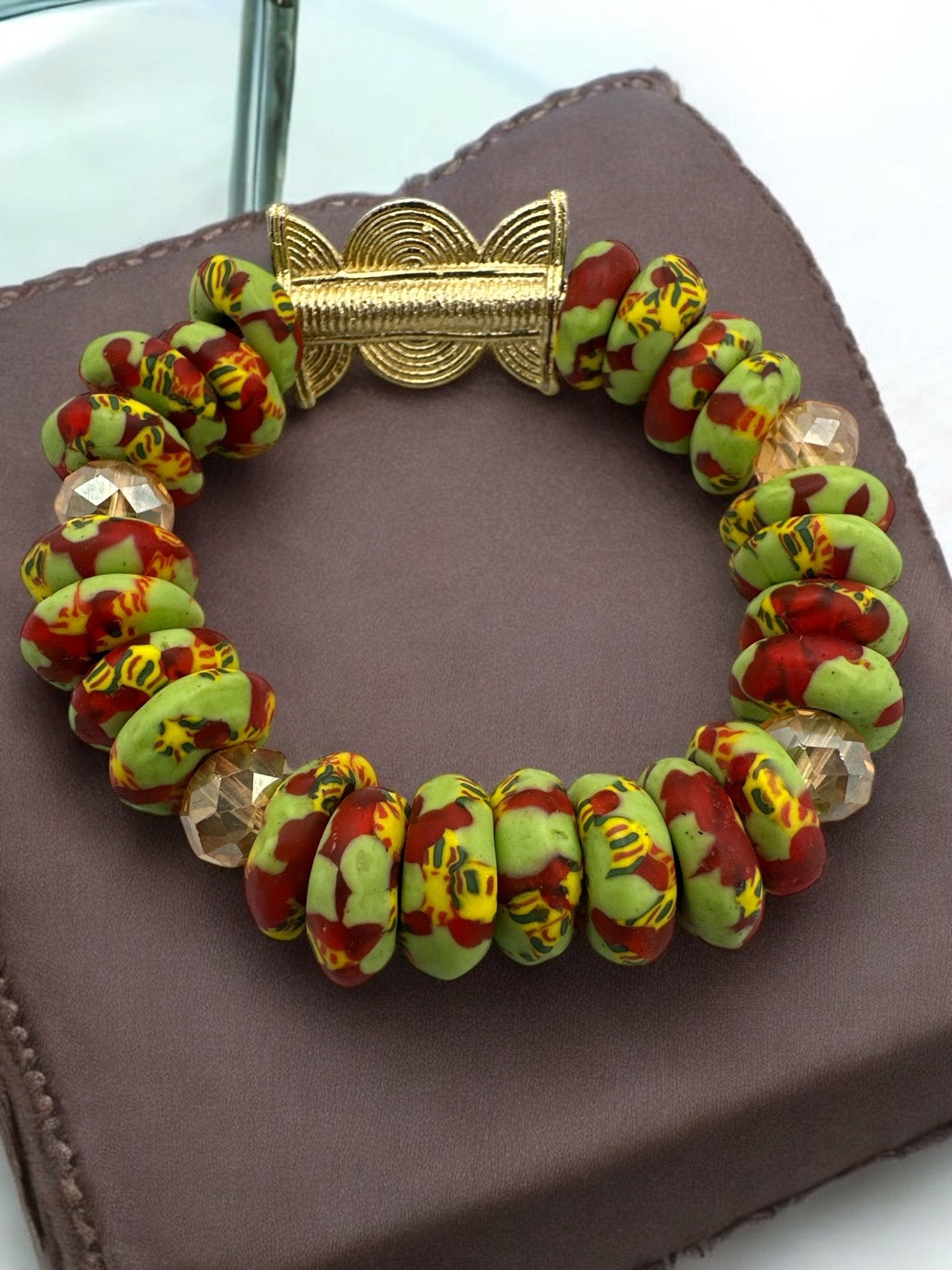 Authentic West Africa Green Multicolour Krobo Beads Brass Ethnic Bangle Bracelet - Fatisha Boutique