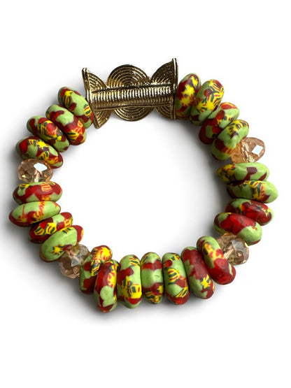 Authentic West Africa Green Multicolour Krobo Beads Brass Ethnic Bangle Bracelet - Fatisha Boutique