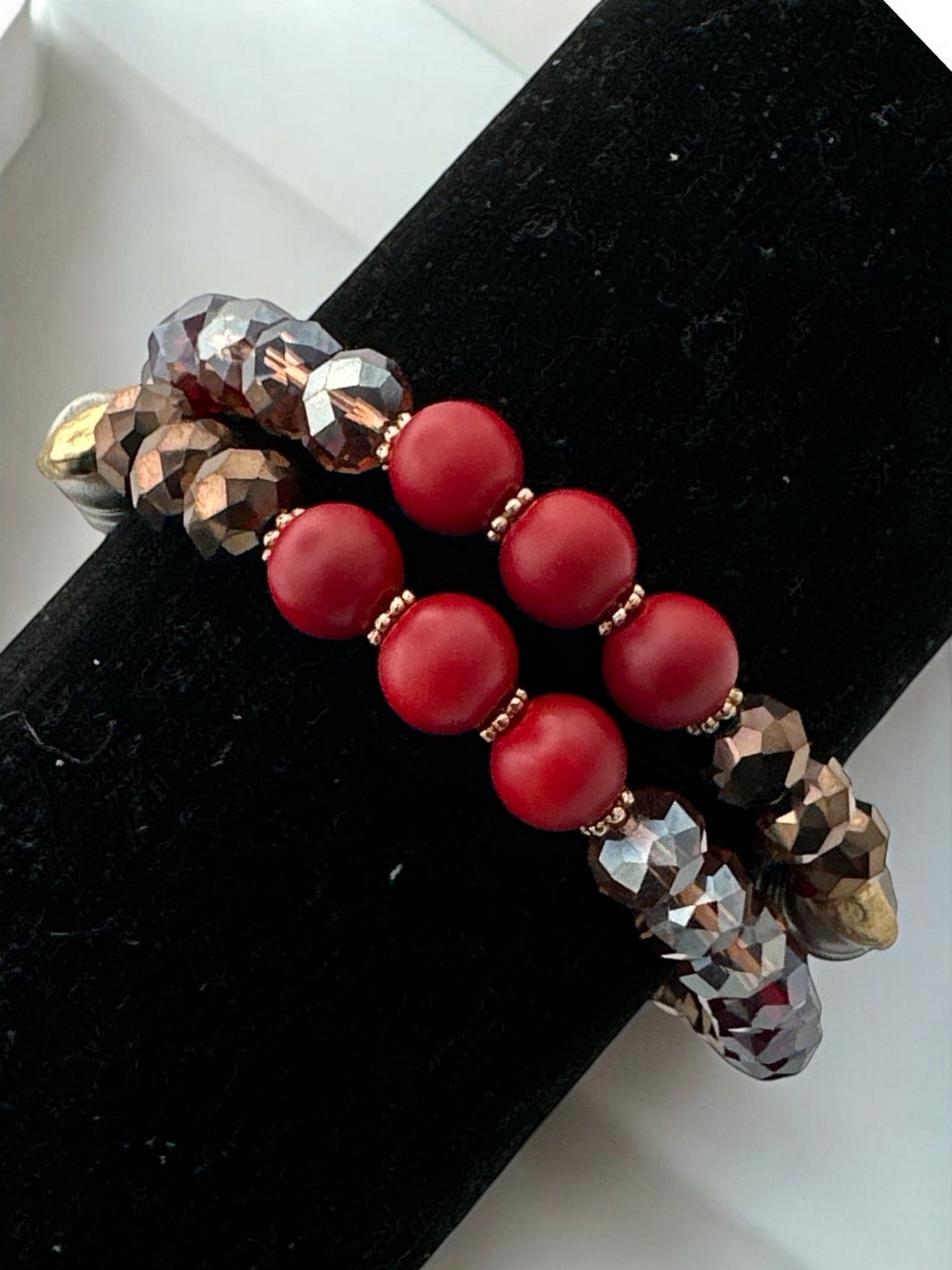 Beaded Bracelet - Red, Bronze, and Metallic Beads with Unique Hammered Gold Accent - Fatisha Boutique