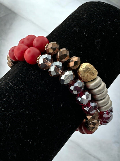 Beaded Bracelet - Red, Bronze, and Metallic Beads with Unique Hammered Gold Accent - Fatisha Boutique