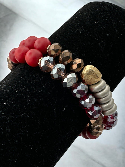 Beaded Bracelet - Red, Bronze, and Metallic Beads with Unique Hammered Gold Accent - Fatisha Boutique