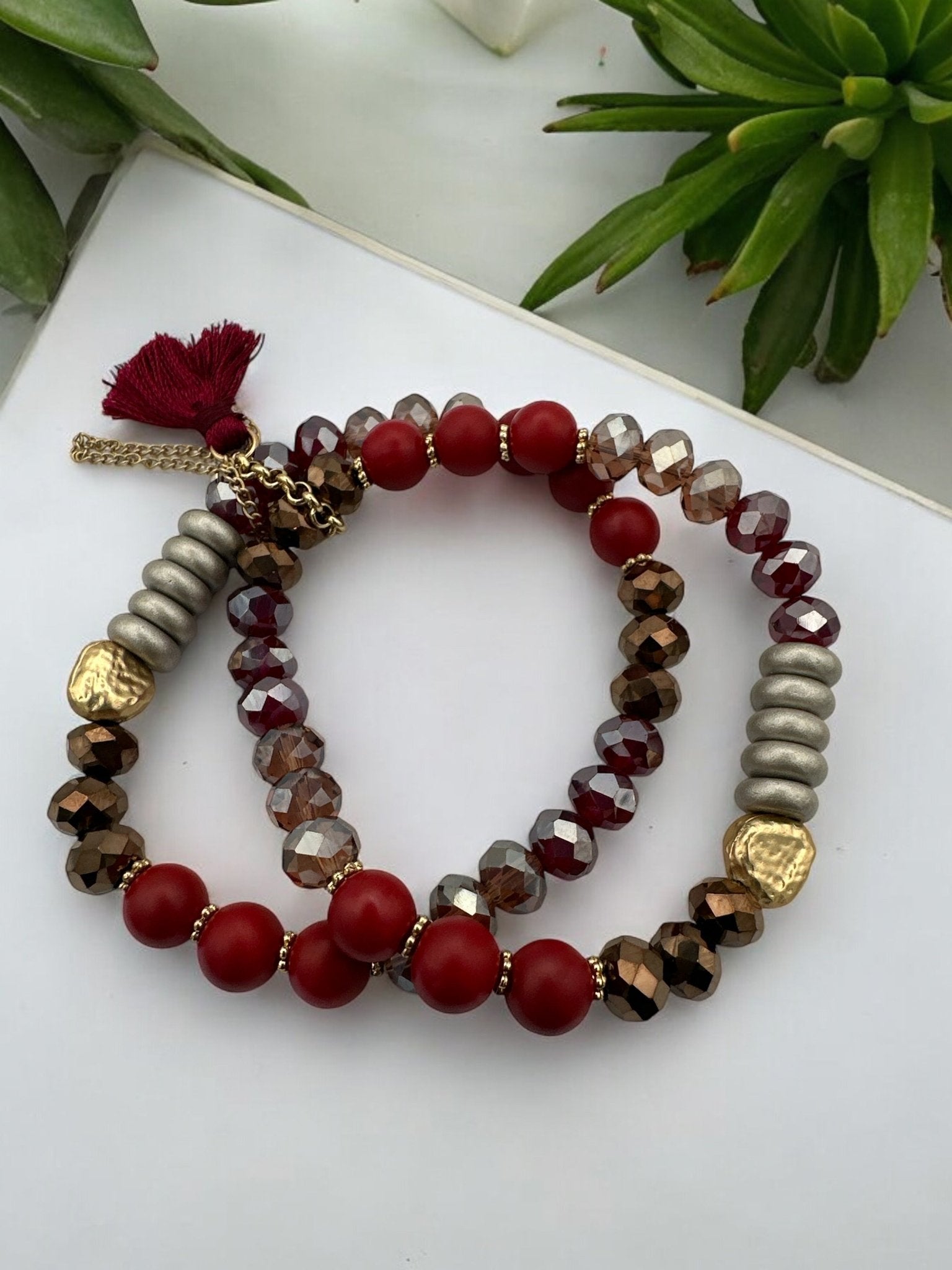 Beaded Bracelet - Red, Bronze, and Metallic Beads with Unique Hammered Gold Accent - Fatisha Boutique