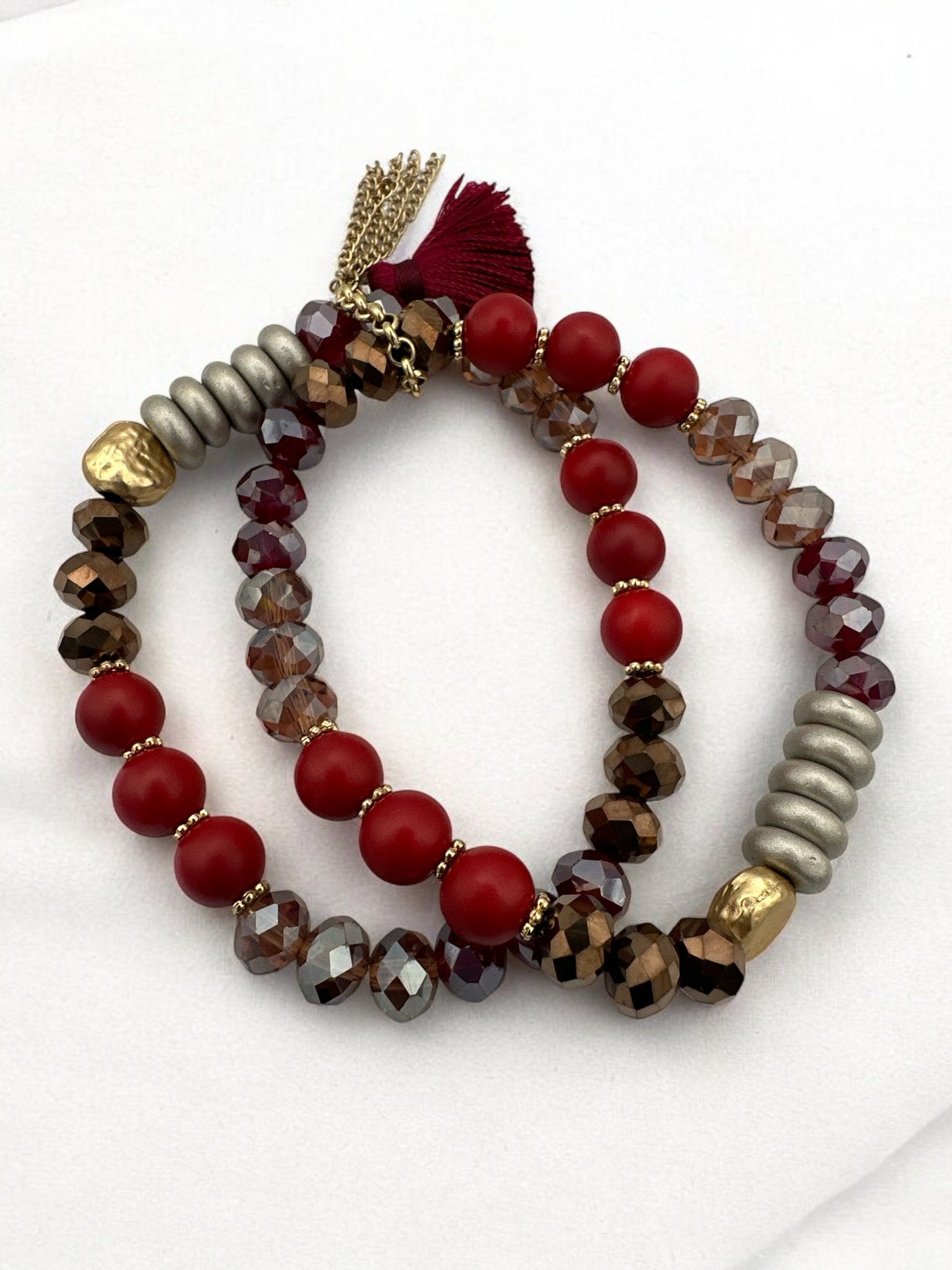 Beaded Bracelet - Red, Bronze, and Metallic Beads with Unique Hammered Gold Accent - Fatisha Boutique