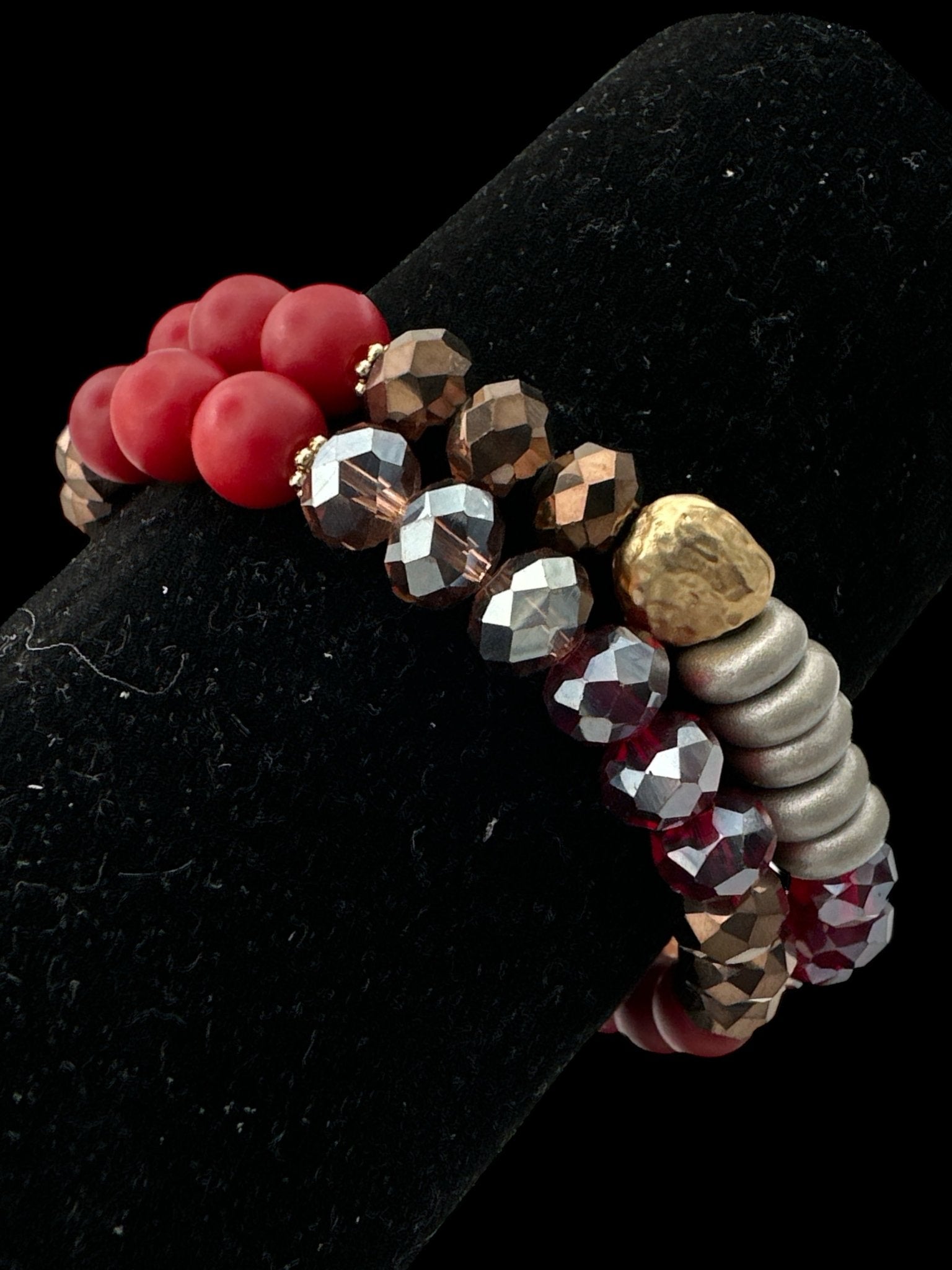 Beaded Bracelet - Red, Bronze, and Metallic Beads with Unique Hammered Gold Accent - Fatisha Boutique