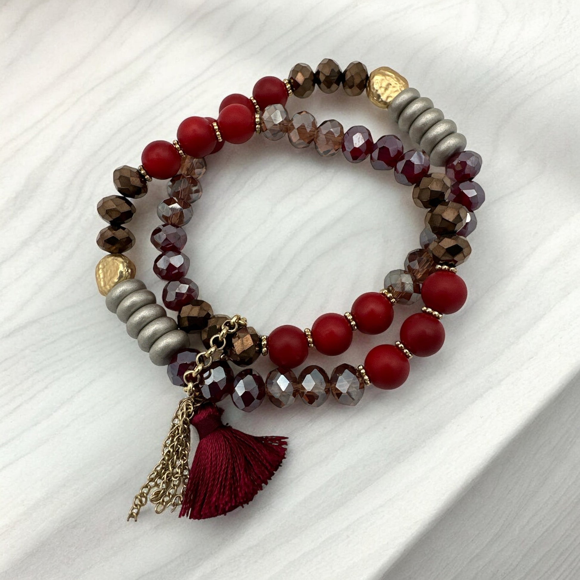 Beaded Bracelet - Red, Bronze, and Metallic Beads with Unique Hammered Gold Accent - Fatisha Boutique