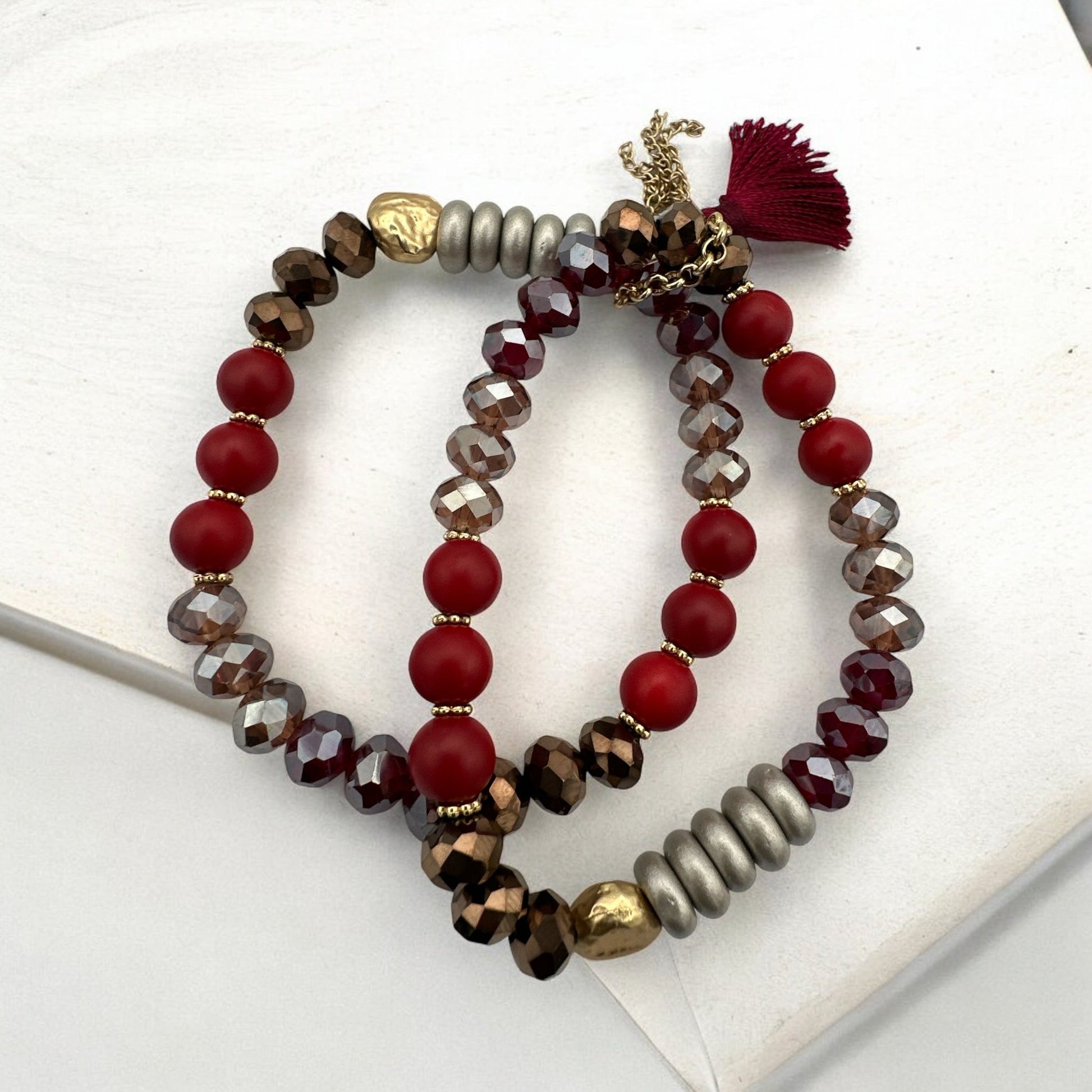 Beaded Bracelet - Red, Bronze, and Metallic Beads with Unique Hammered Gold Accent - Fatisha Boutique