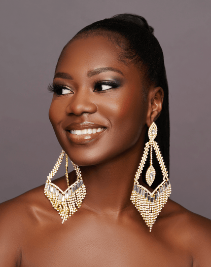Big Elegant Diamante Rhinestone Tassel Statement Dangle Earrings - Fatisha Boutique