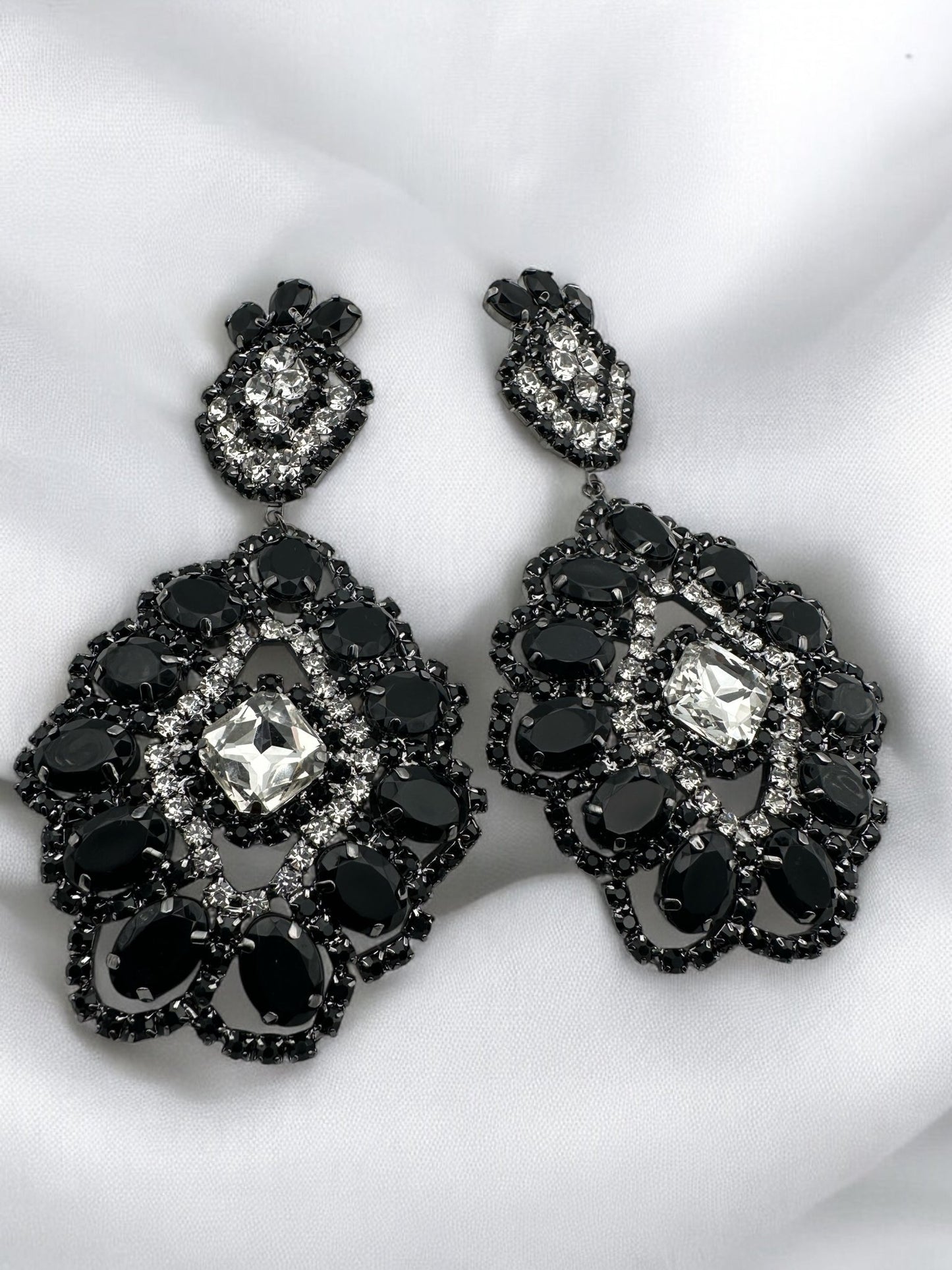 Big Elegant Statement Diamante Rhinestone Earrings – Black & Silver Crystal Dangle Jewellery - Fatisha Boutique