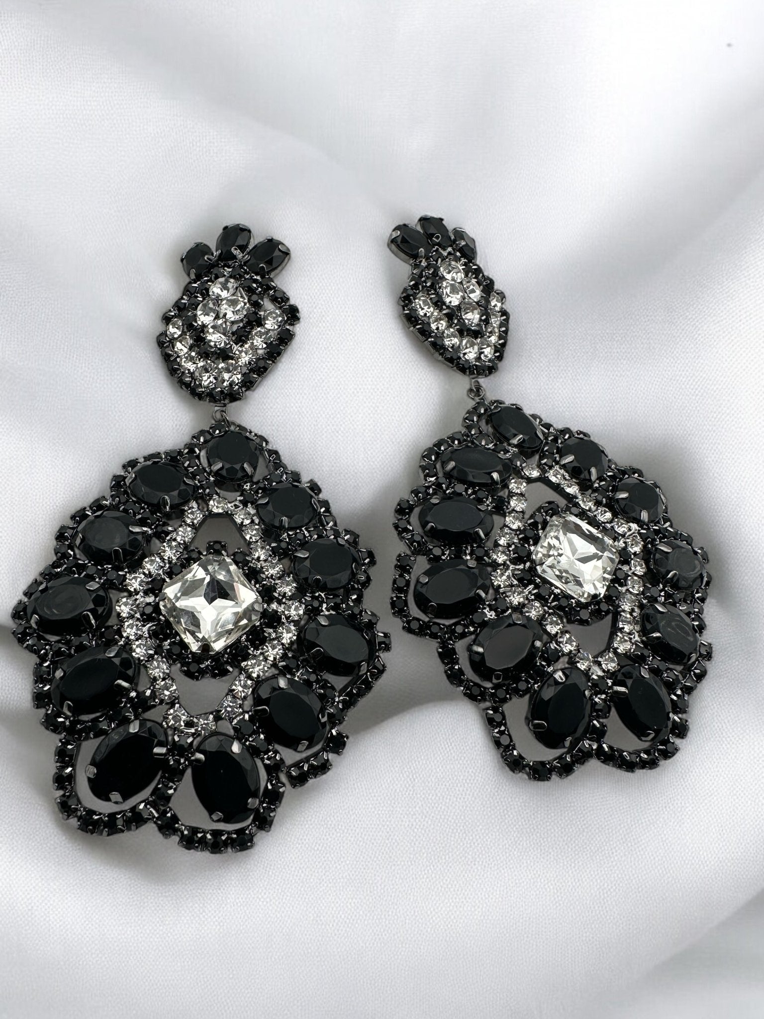 Big Elegant Statement Diamante Rhinestone Earrings – Black & Silver Crystal Dangle Jewellery - Fatisha Boutique