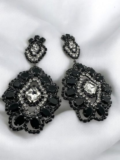 Big Elegant Statement Diamante Rhinestone Earrings – Black & Silver Crystal Dangle Jewellery - Fatisha Boutique