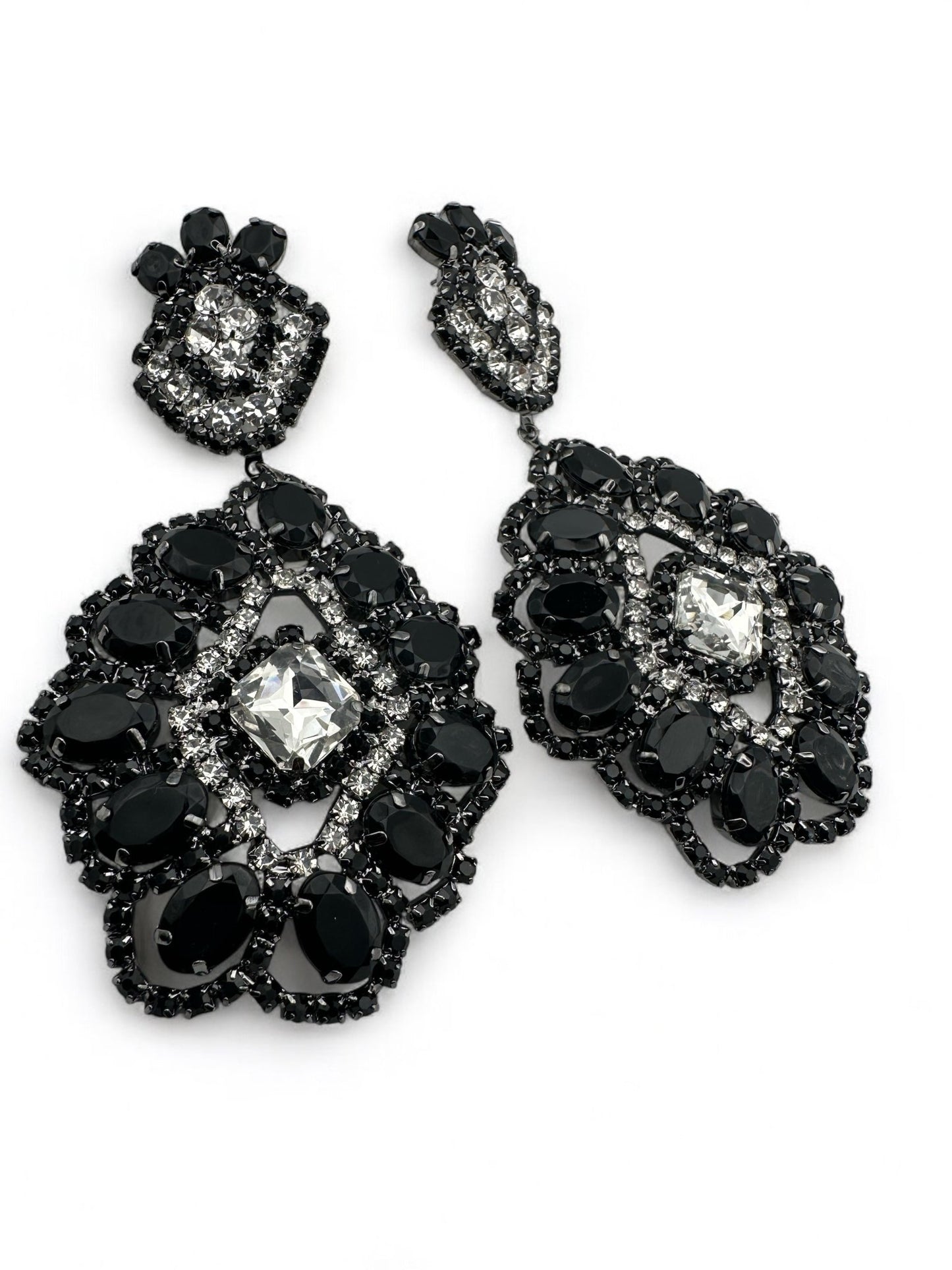 Big Elegant Statement Diamante Rhinestone Earrings – Black & Silver Crystal Dangle Jewellery - Fatisha Boutique
