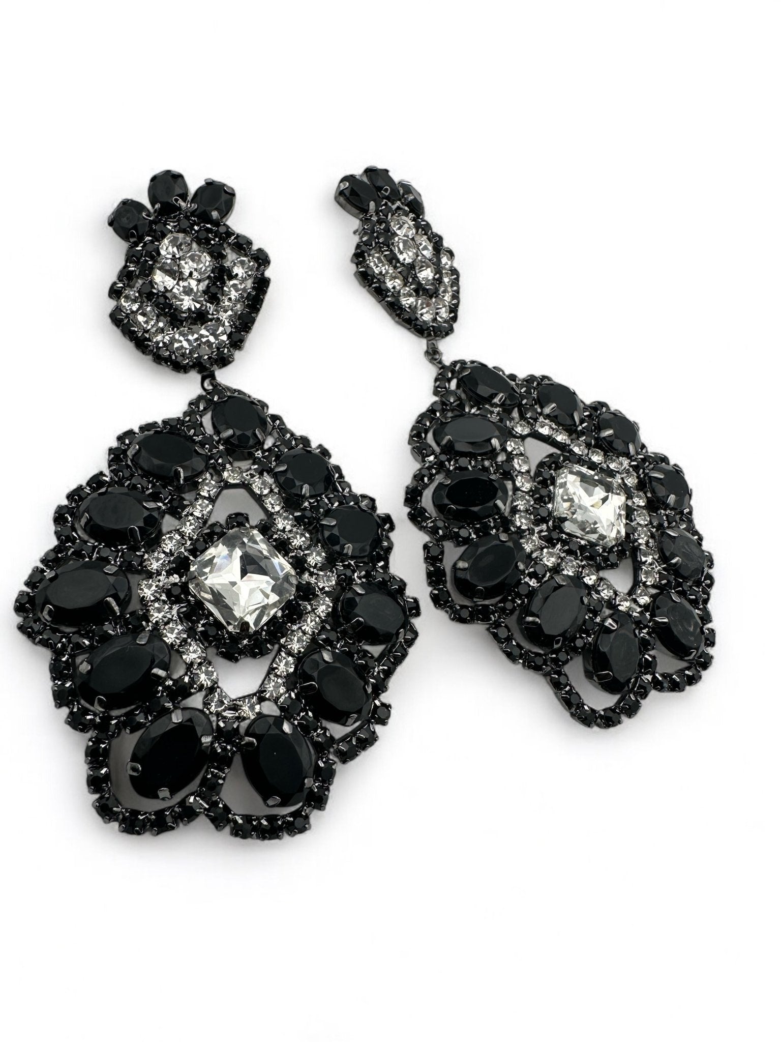 Big Elegant Statement Diamante Rhinestone Earrings – Black & Silver Crystal Dangle Jewellery - Fatisha Boutique