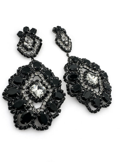 Big Elegant Statement Diamante Rhinestone Earrings – Black & Silver Crystal Dangle Jewellery - Fatisha Boutique