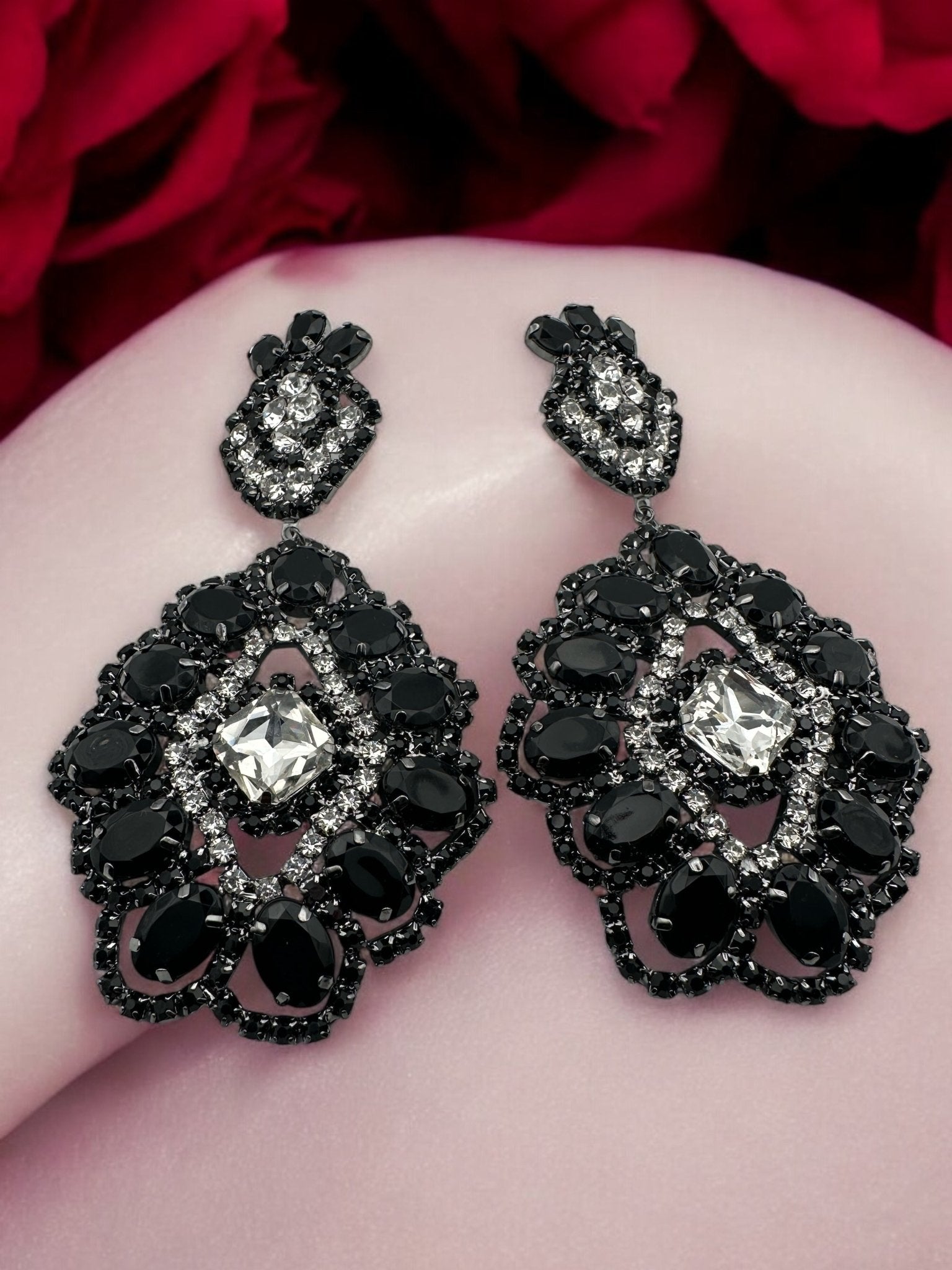 Big Elegant Statement Diamante Rhinestone Earrings – Black & Silver Crystal Dangle Jewellery - Fatisha Boutique