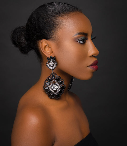 Big Elegant Statement Diamante Rhinestone Earrings – Black & Silver Crystal Dangle Jewellery - Fatisha Boutique