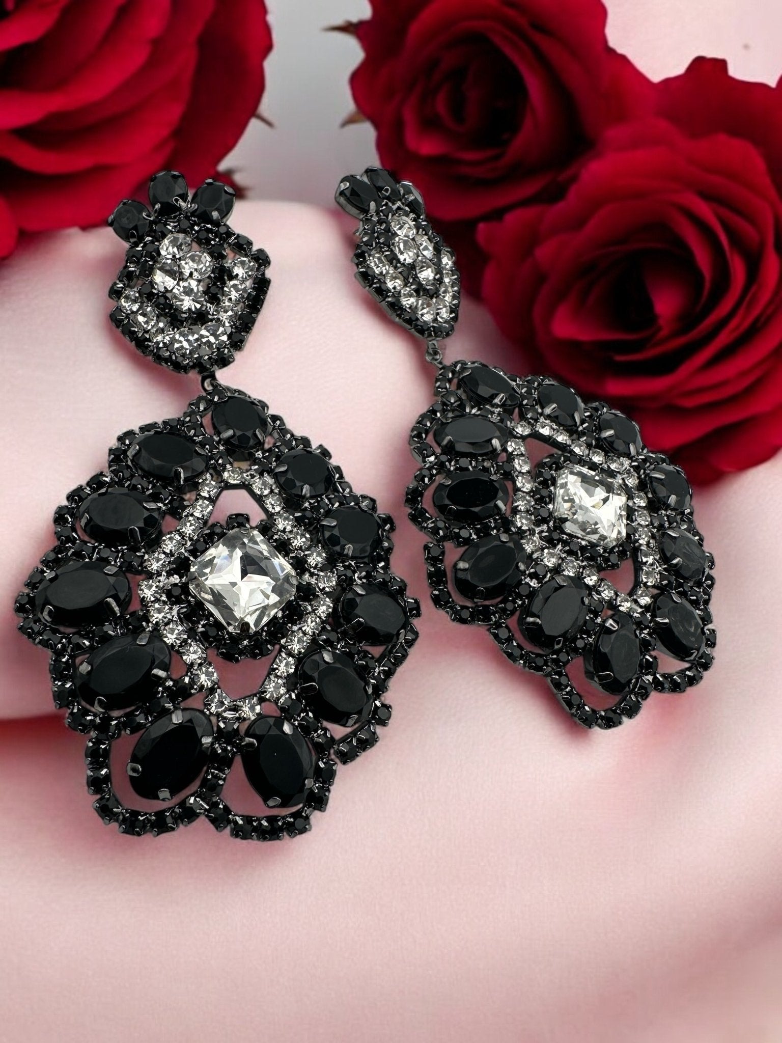 Big Elegant Statement Diamante Rhinestone Earrings – Black & Silver Crystal Dangle Jewellery - Fatisha Boutique