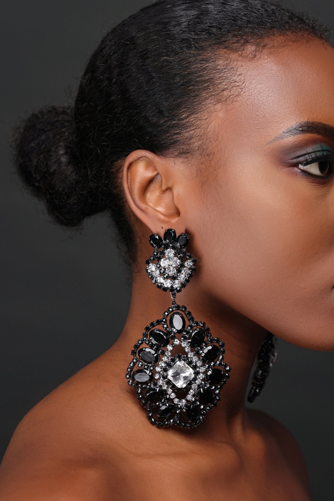 Big Elegant Statement Diamante Rhinestone Earrings – Black & Silver Crystal Dangle Jewellery - Fatisha Boutique