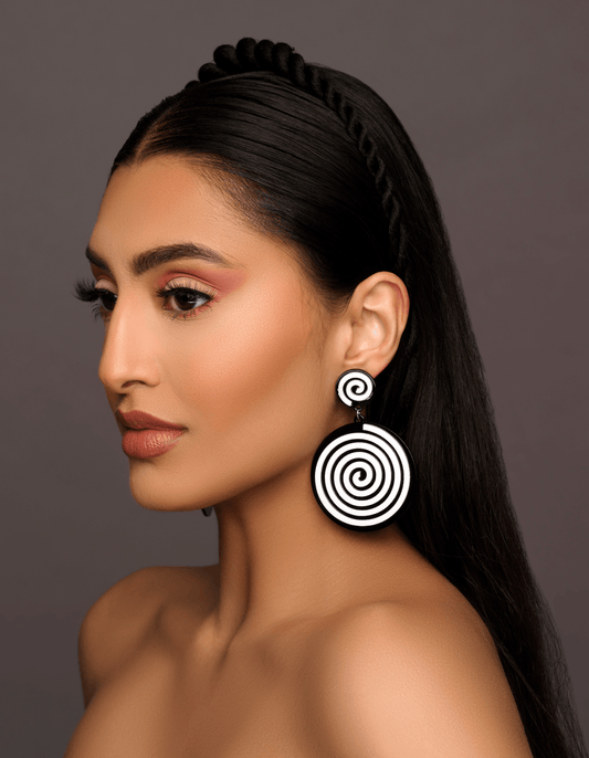 Black and White Spiral Statement Earrings – Bold Geometric Dangle Earrings for Women - Fatisha Boutique