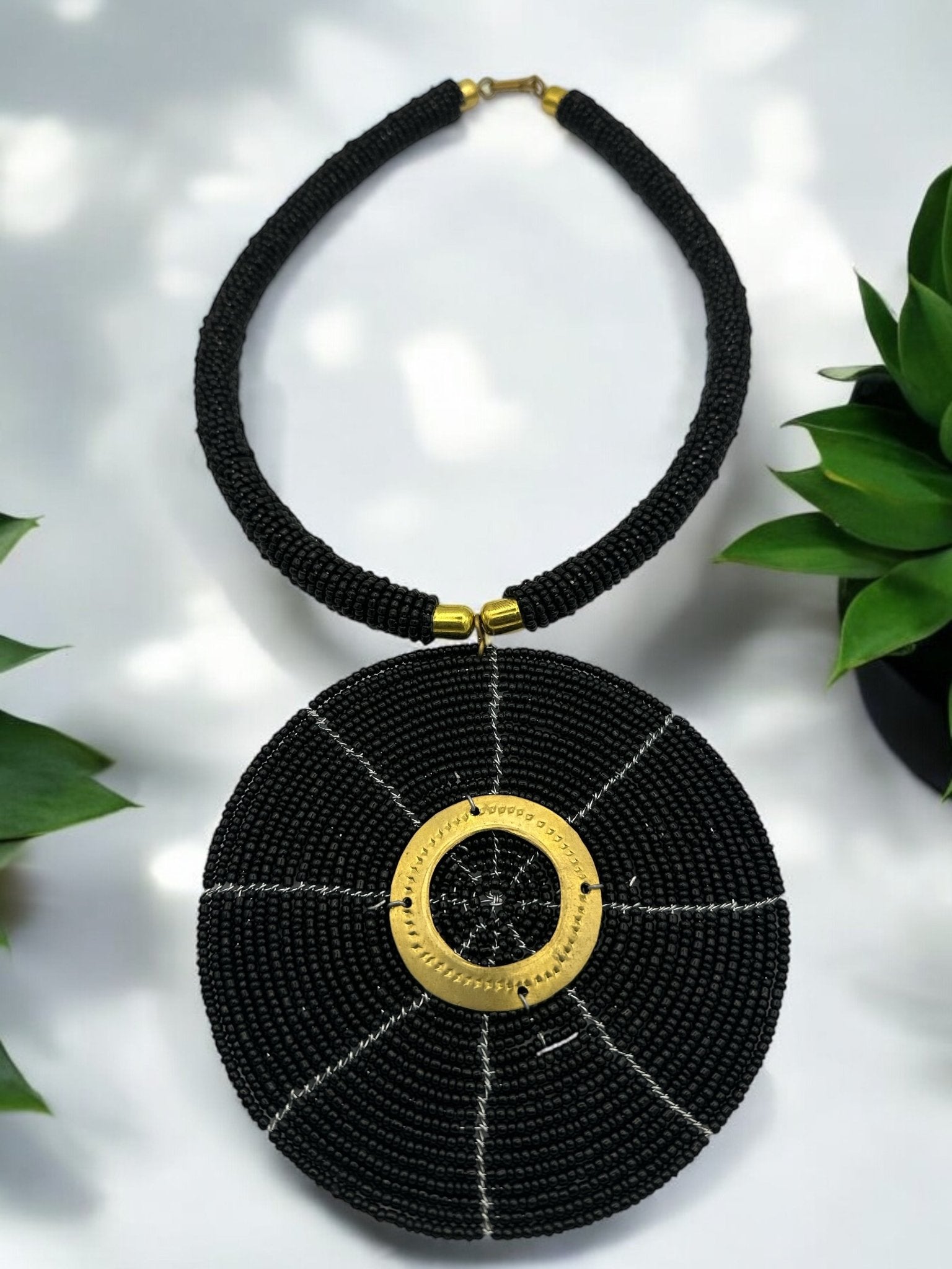 Black Beaded Pendant Necklace - Handmade African Statement Jewellery - Fatisha Boutique