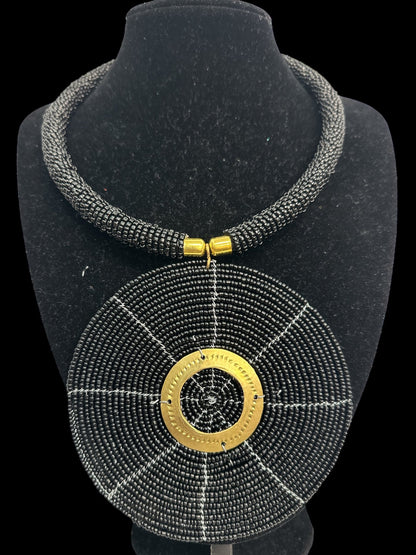 Black Beaded Pendant Necklace - Handmade African Statement Jewellery - Fatisha Boutique