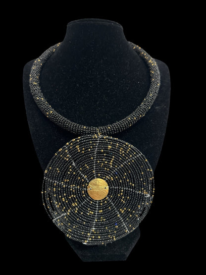 Black Beaded Pendant Necklace - Handmade African Statement Jewellery - Fatisha Boutique