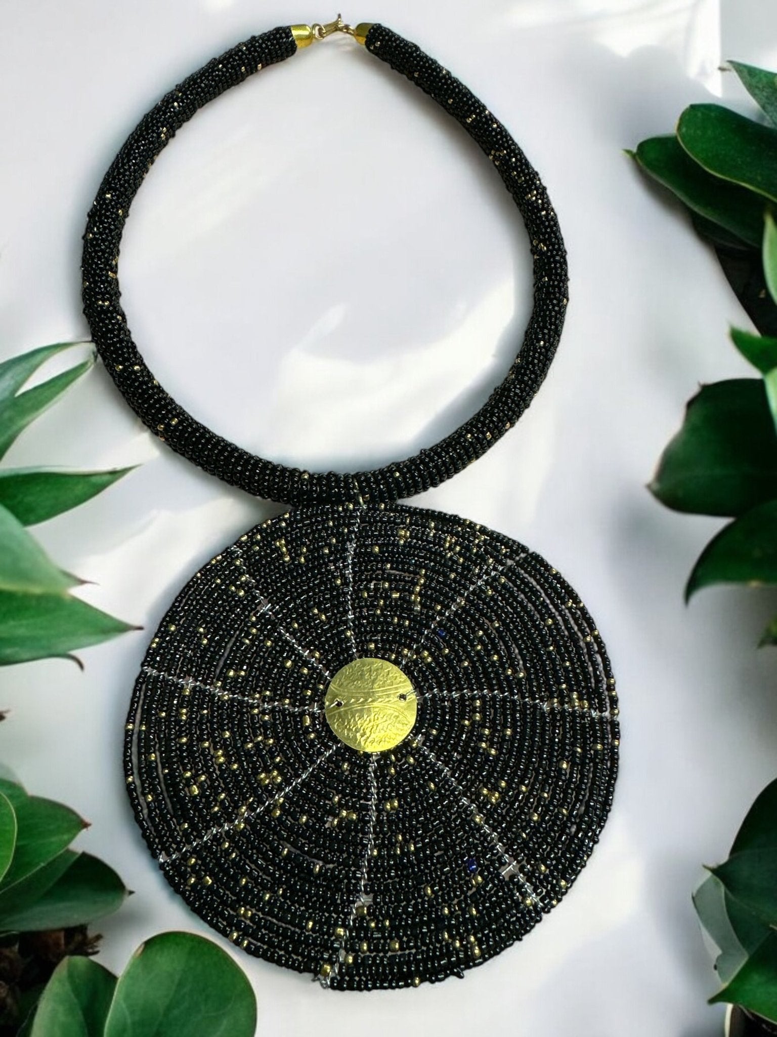 Black Beaded Pendant Necklace - Handmade African Statement Jewellery - Fatisha Boutique