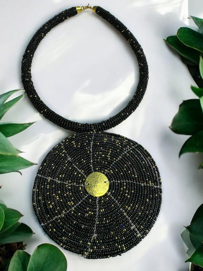 Black Beaded Pendant Necklace - Handmade African Statement Jewellery - Fatisha Boutique