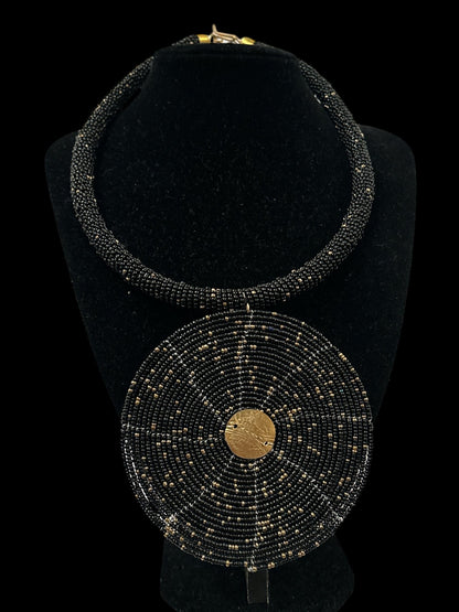 Black Beaded Pendant Necklace - Handmade African Statement Jewellery - Fatisha Boutique
