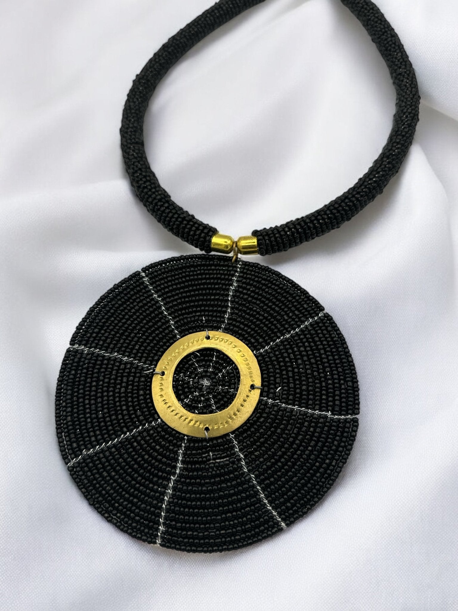 Black Beaded Pendant Necklace - Handmade African Statement Jewellery - Fatisha Boutique