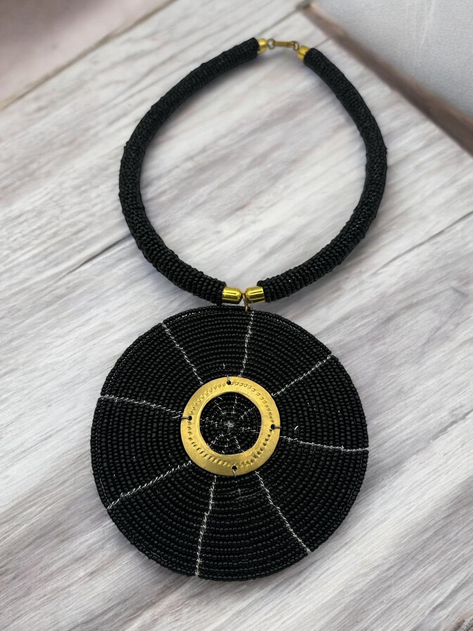 Black Beaded Pendant Necklace - Handmade African Statement Jewellery - Fatisha Boutique