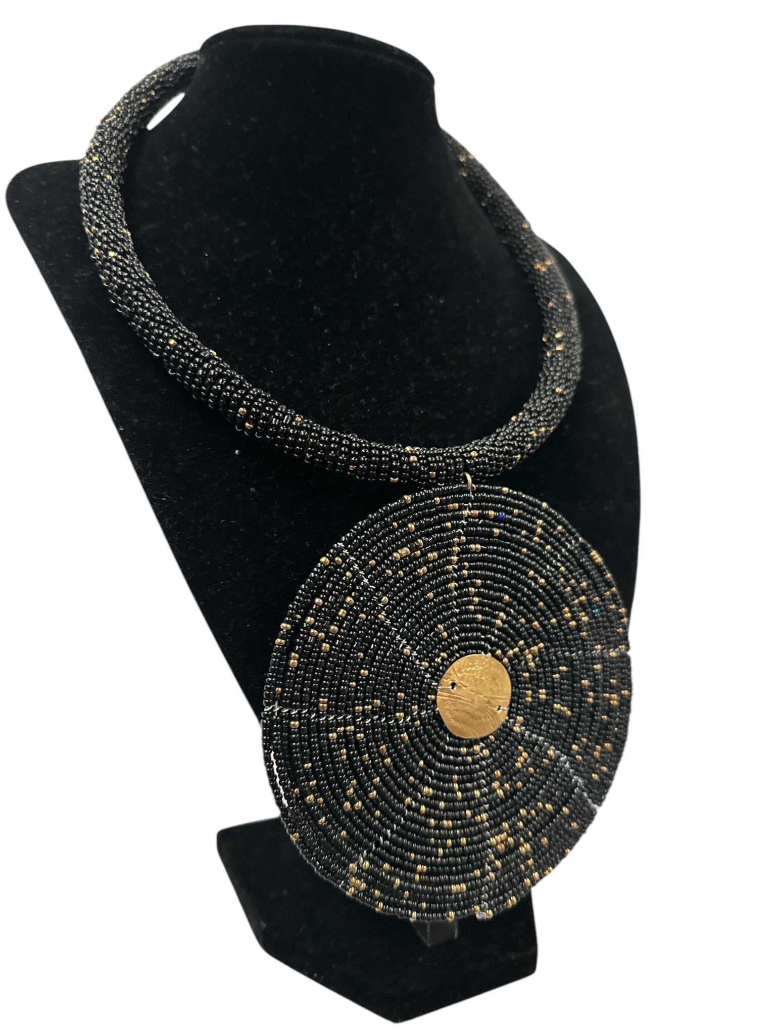 Black Beaded Pendant Necklace - Handmade African Statement Jewellery - Fatisha Boutique