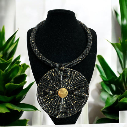 Black Beaded Pendant Necklace - Handmade African Statement Jewellery - Fatisha Boutique