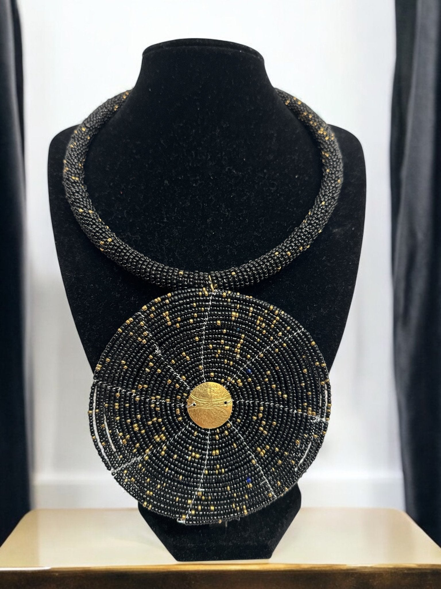 Black Beaded Pendant Necklace - Handmade African Statement Jewellery - Fatisha Boutique