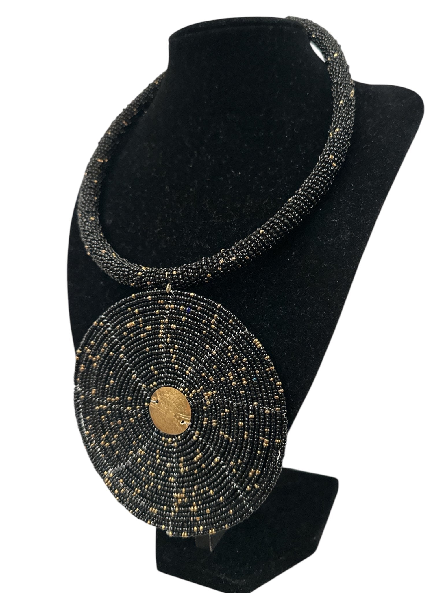 Black Beaded Pendant Necklace - Handmade African Statement Jewellery - Fatisha Boutique