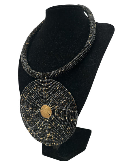 Black Beaded Pendant Necklace - Handmade African Statement Jewellery - Fatisha Boutique