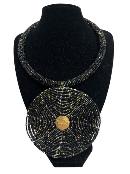 Black Beaded Pendant Necklace - Handmade African Statement Jewellery - Fatisha Boutique