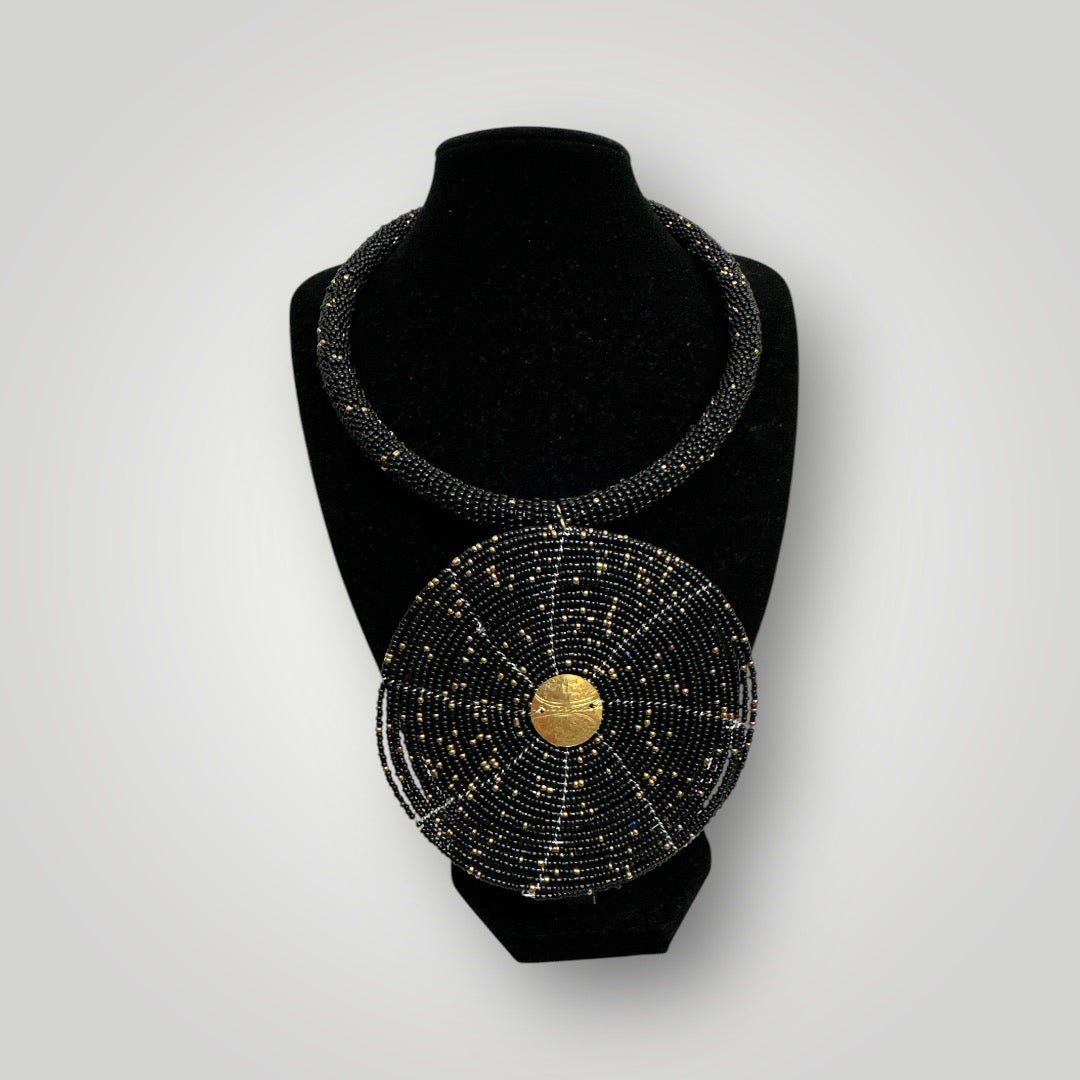 Black Beaded Pendant Necklace - Handmade African Statement Jewellery - Fatisha Boutique