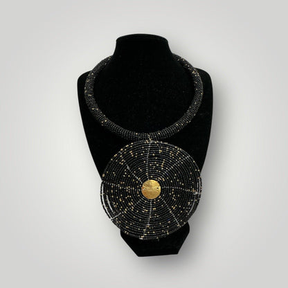 Black Beaded Pendant Necklace - Handmade African Statement Jewellery - Fatisha Boutique