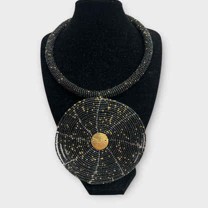 Black Beaded Pendant Necklace - Handmade African Statement Jewellery - Fatisha Boutique