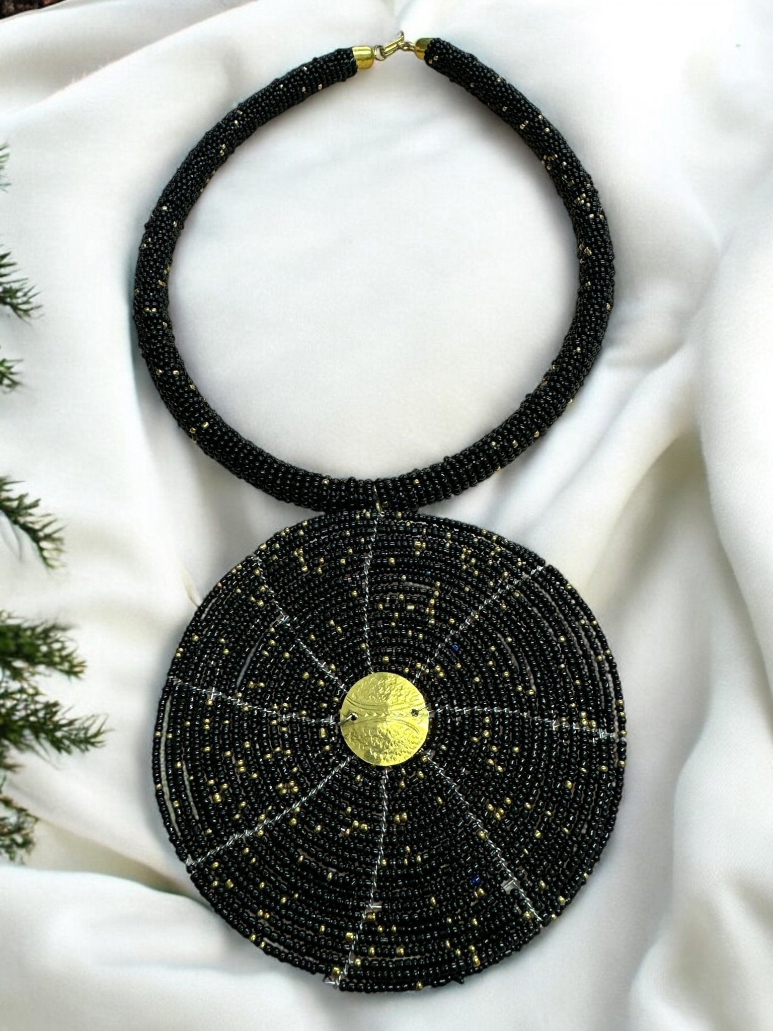 Black Beaded Pendant Necklace - Handmade African Statement Jewellery - Fatisha Boutique