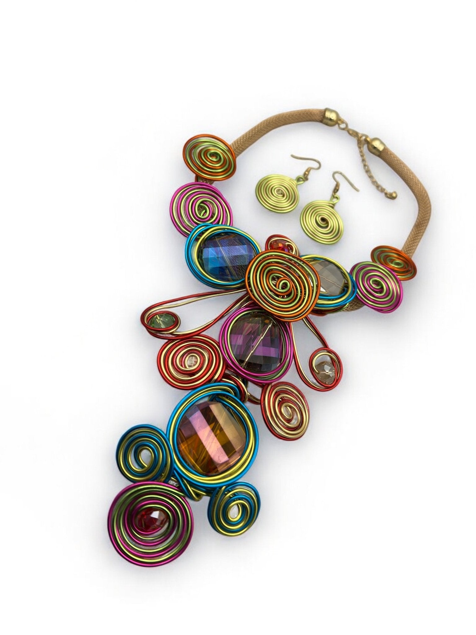 Bohemian Big Colourful Crystal Beads Twisted Wire Ethnic Statement Pendant Necklace Set - Fatisha Boutique