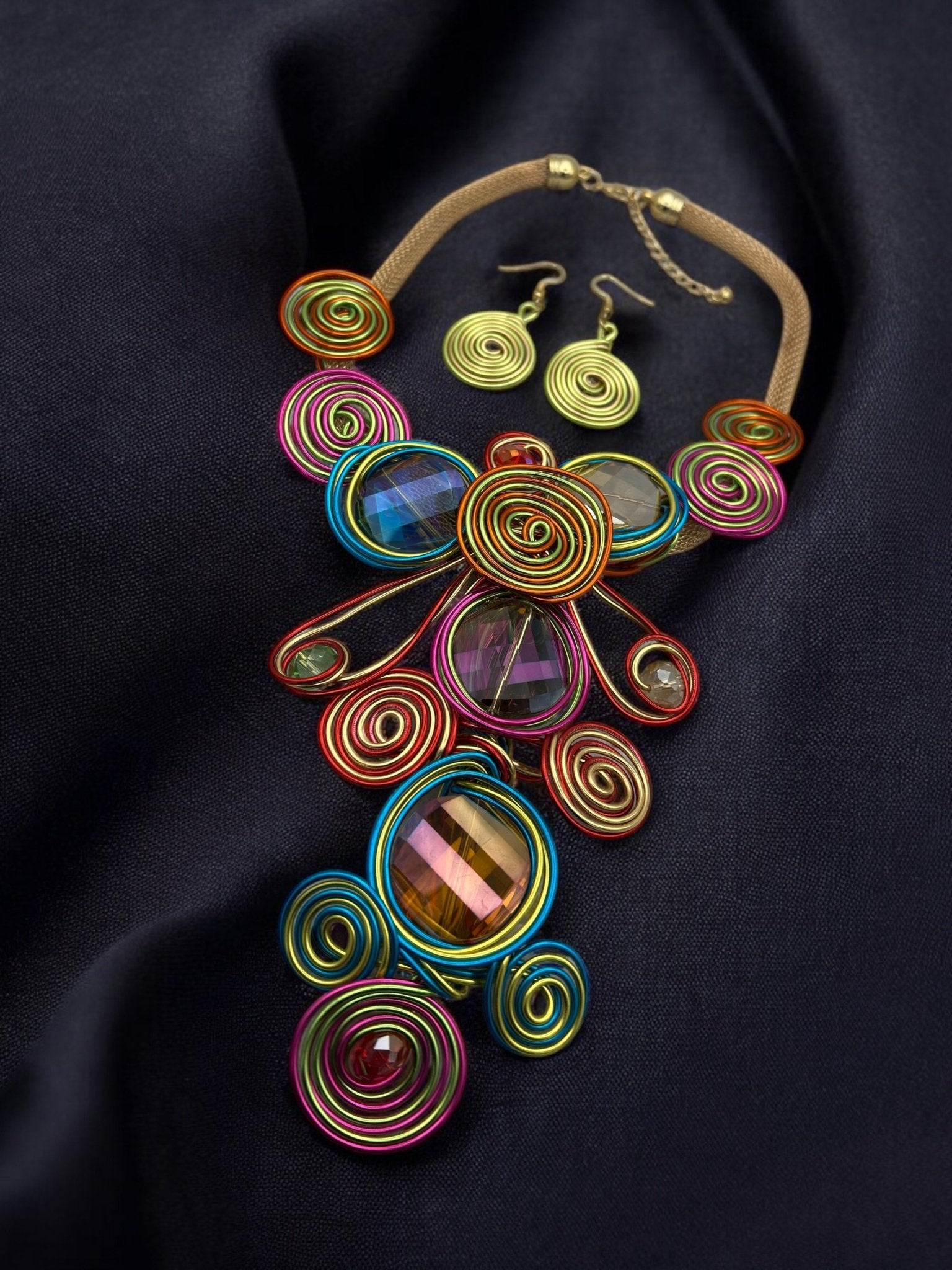 Bohemian Big Colourful Crystal Beads Twisted Wire Ethnic Statement Pendant Necklace Set - Fatisha Boutique