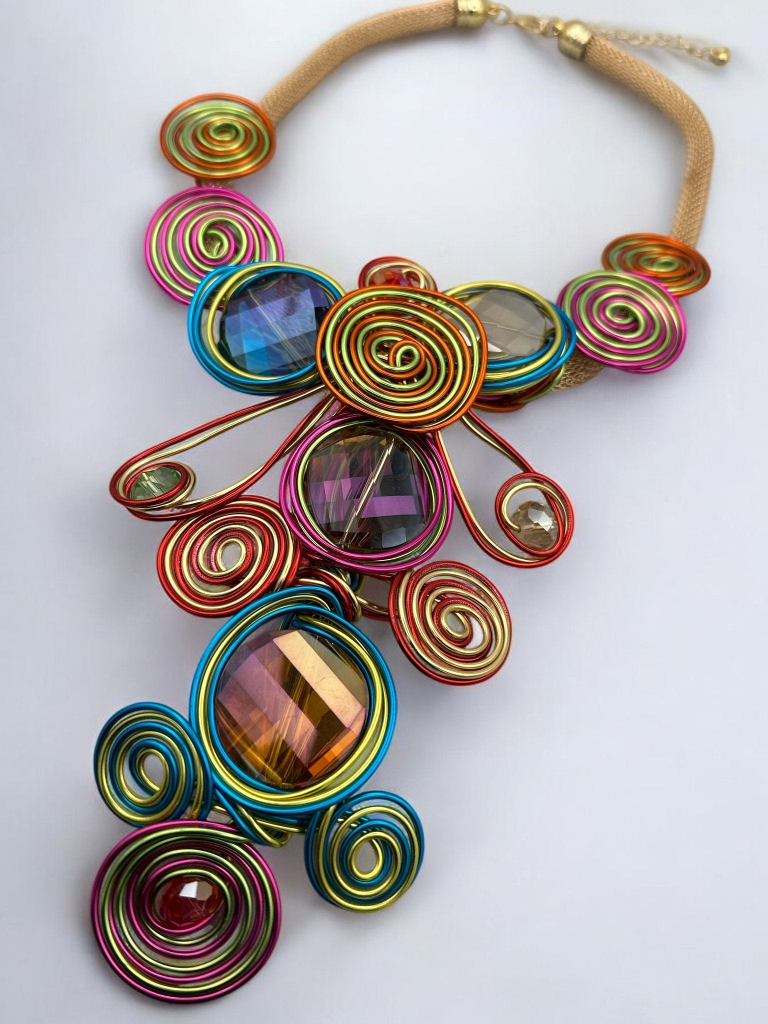 Bohemian Big Colourful Crystal Beads Twisted Wire Ethnic Statement Pendant Necklace Set - Fatisha Boutique