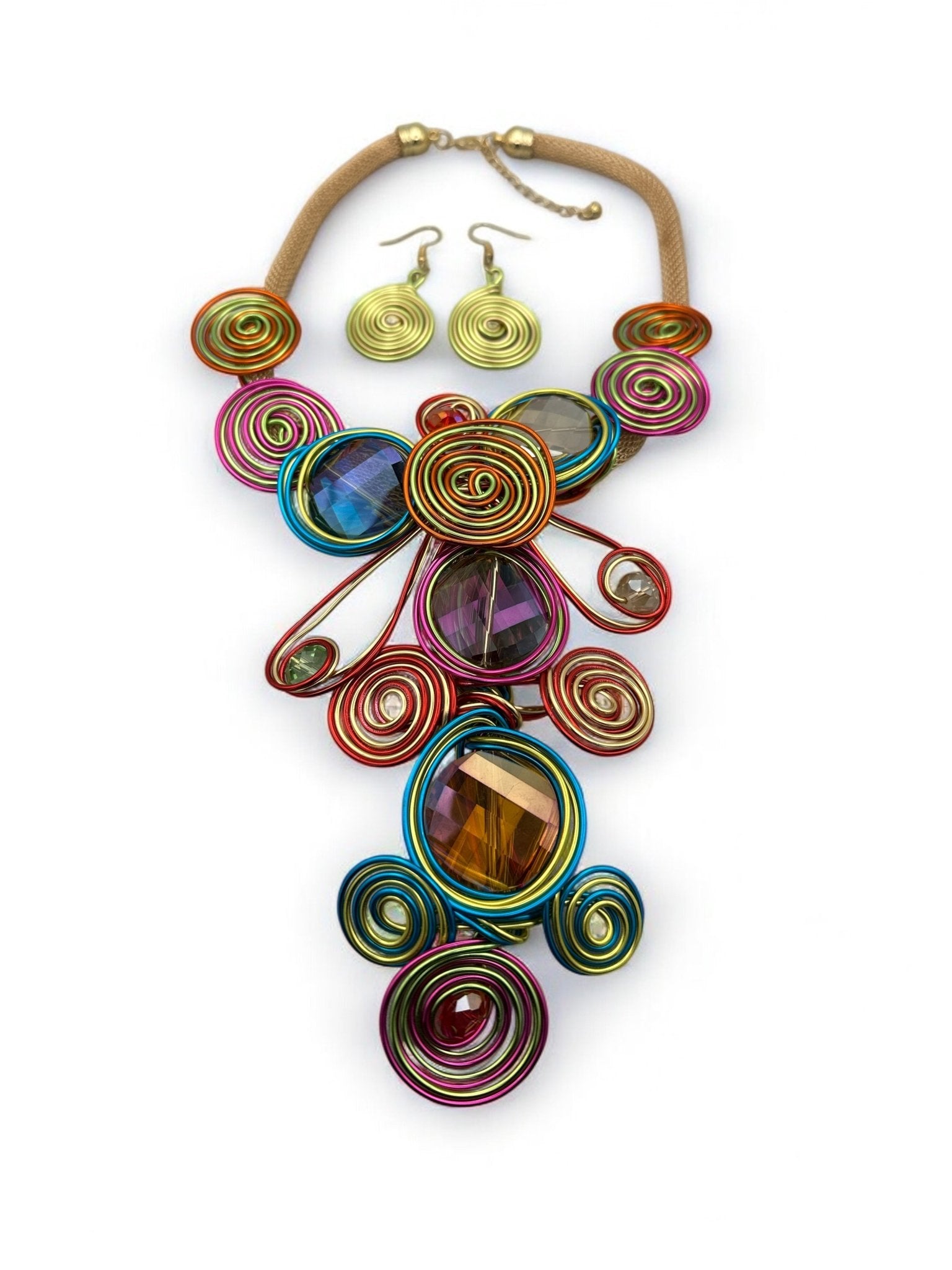 Bohemian Big Colourful Crystal Beads Twisted Wire Ethnic Statement Pendant Necklace Set - Fatisha Boutique
