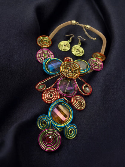 Bohemian Big Colourful Crystal Beads Twisted Wire Ethnic Statement Pendant Necklace Set - Fatisha Boutique
