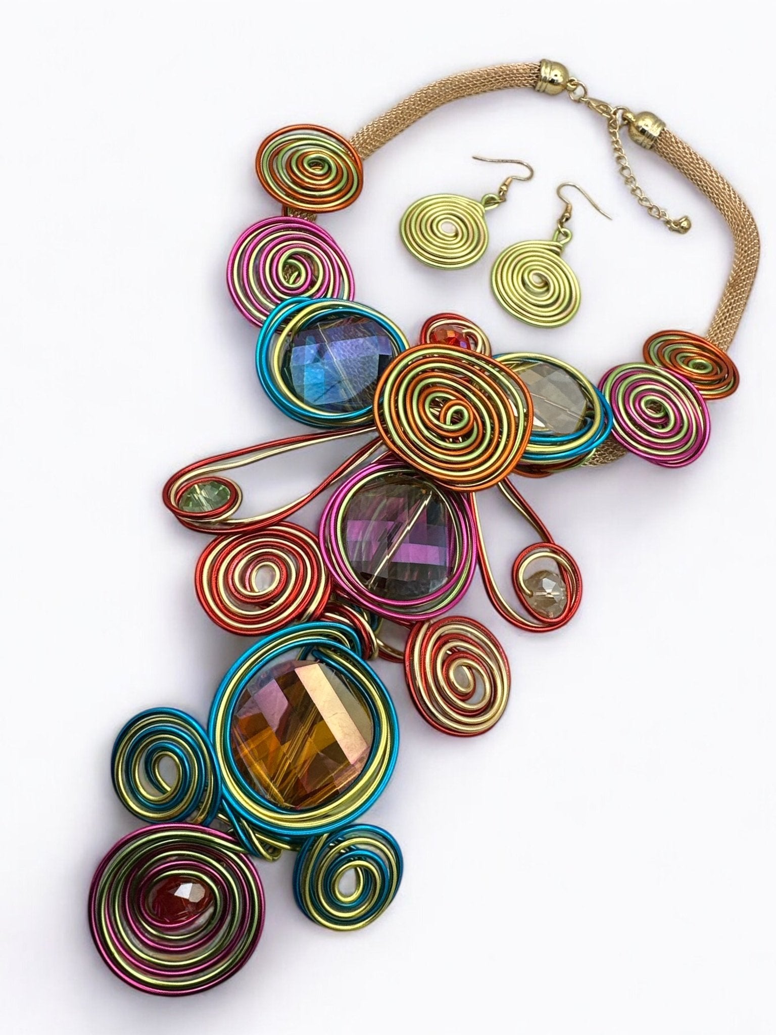 Bohemian Big Colourful Crystal Beads Twisted Wire Ethnic Statement Pendant Necklace Set - Fatisha Boutique