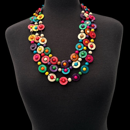 Bohemian Ethnic Multicolour Coconut Shell Necklace – Handmade Layered Statement Jewellery - Fatisha Boutique
