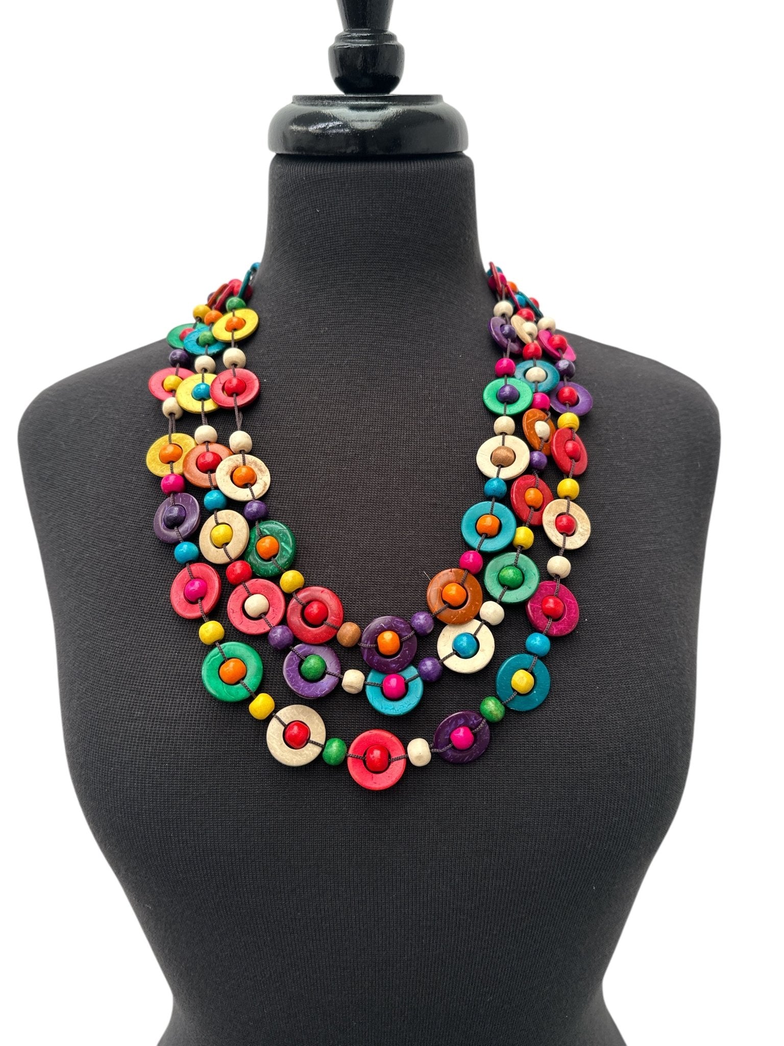 Bohemian Ethnic Multicolour Coconut Shell Necklace – Handmade Layered Statement Jewellery - Fatisha Boutique