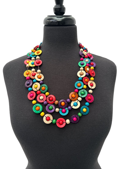 Bohemian Ethnic Multicolour Coconut Shell Necklace – Handmade Layered Statement Jewellery - Fatisha Boutique